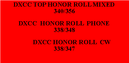 Casella di testo: DXCC TOP HONOR ROLL MIXED      340/356DXCC  HONOR ROLL  PHONE                   339/348        DXCC HONOR ROLL  CW                                 338/347