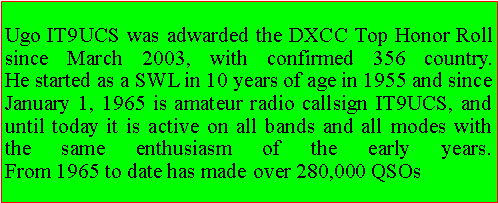 Casella di testo: Ugo IT9UCS was adwarded the DXCC Top Honor Roll since March 2003, with confirmed 356 country.
He started as a SWL in 10 years of age in 1955 and since January 1, 1965 is amateur radio callsign IT9UCS, and until today it is active on all bands and all modes with the same enthusiasm of the early years.
From 1965 to date has made ​​over 280,000 QSOs 